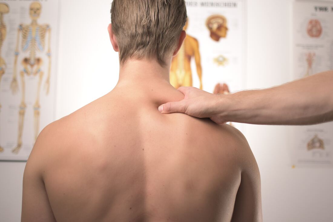 anatomy posters on the wall with a male caucasian client being palpated with the right thumb